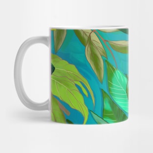 Blooming tropical flowers and leaves pattern floral illustration, green turquoise tropical pattern over a Mug